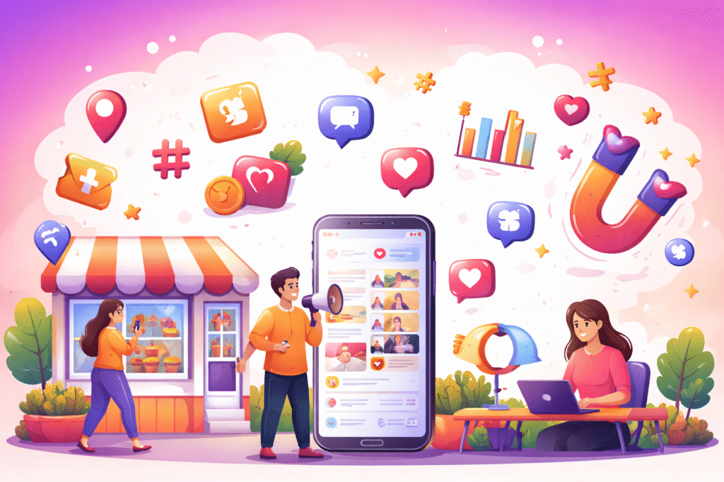 Instagram Marketing Tips for Local Brands illustration showing local businesses promoting products and engaging customers on Instagram through social media marketing strategies